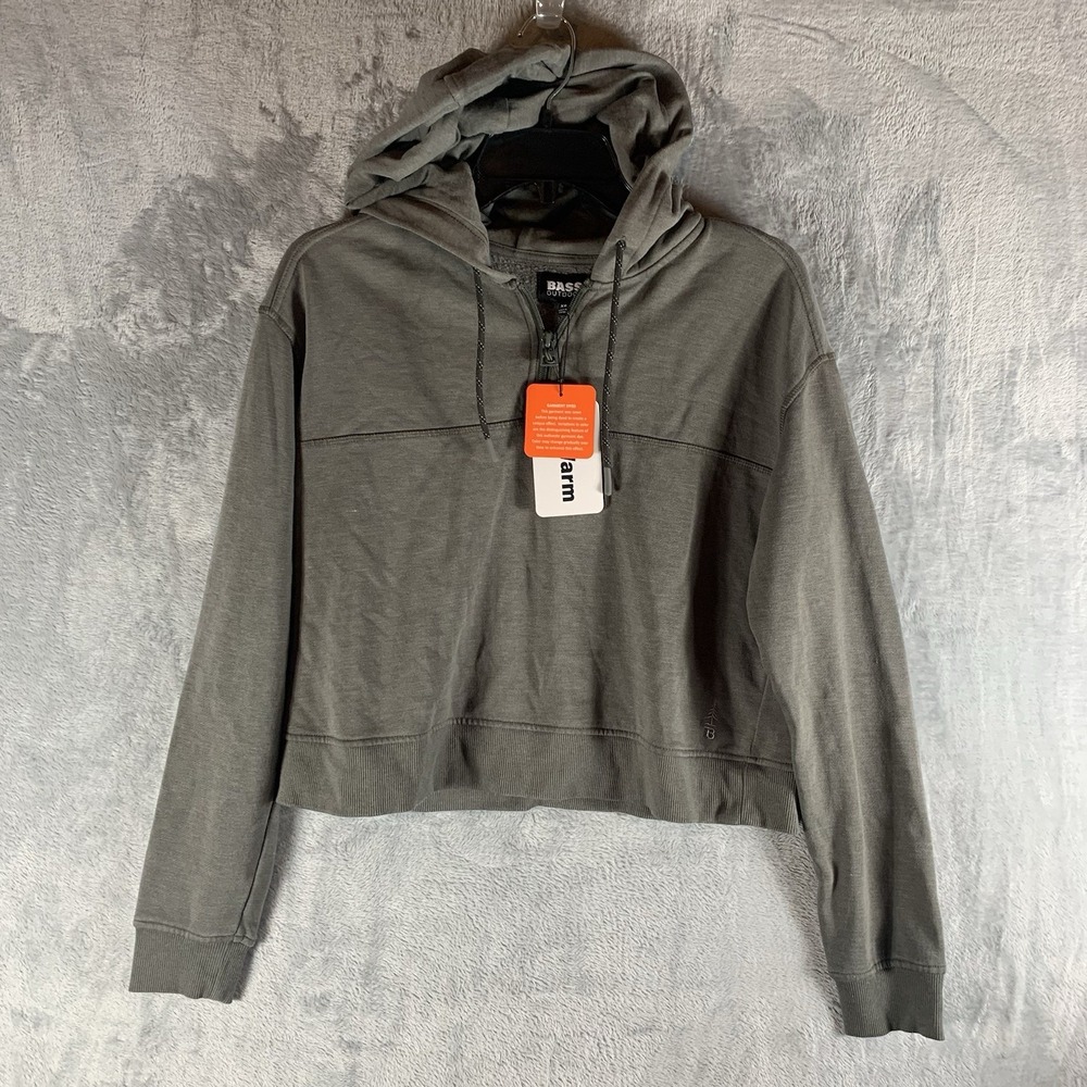 Bass Women's Hoodie XS Cropped Half Zip Drawstring Peat Gray Green Soft NWT